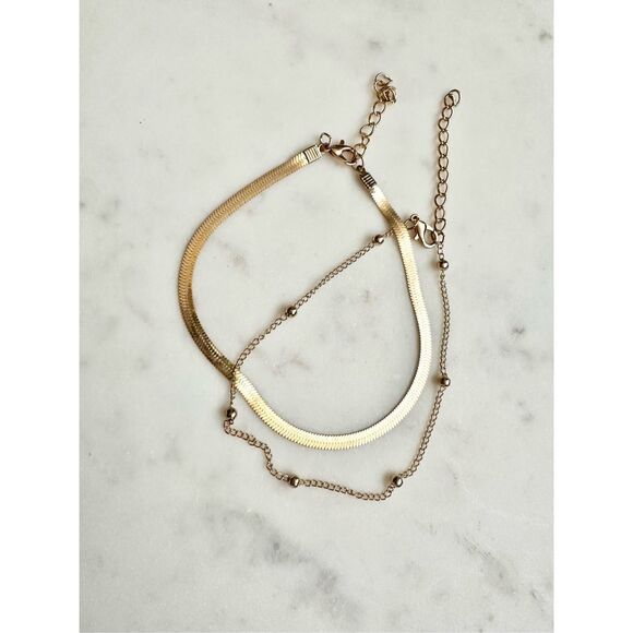 Chain-link with small gold balls and snake chain anklet set of two ￼ - Picture 2 of 2